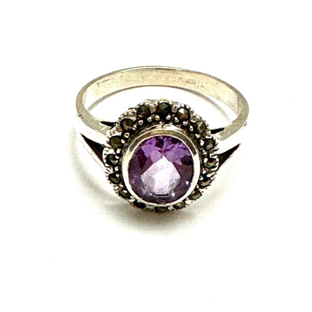 Art Deco Sterling Silver Amethyst Marcasite Ring Size 10.5